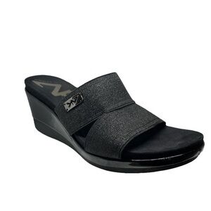 Anne Klein Sport Pleasant Black Metallic Wedge Slide Sandals 7.5
